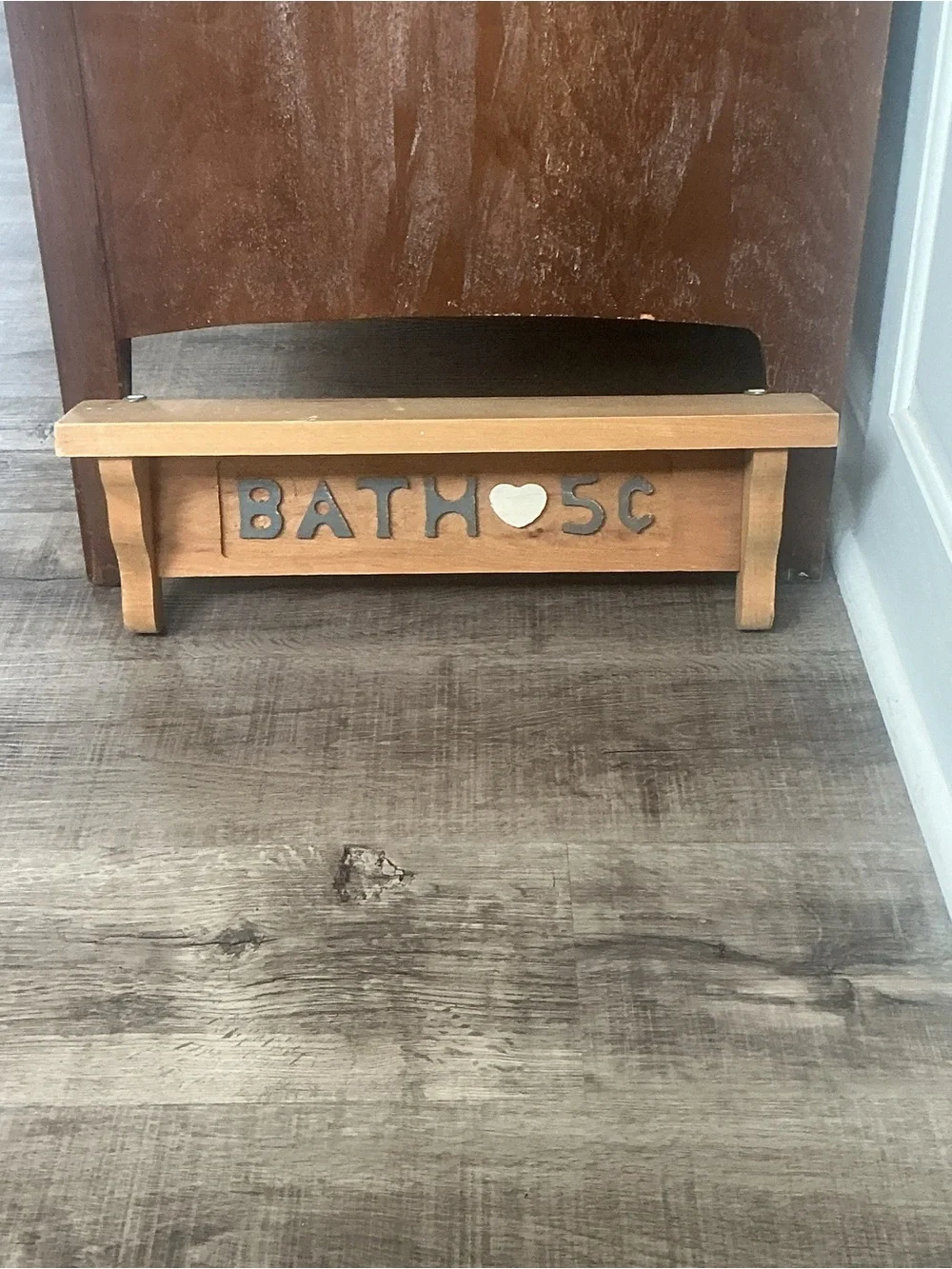 Vintage Handmade Bathroom Wooden Wall Shelf 'Bath 5 Cents' Rustic Country Cabin